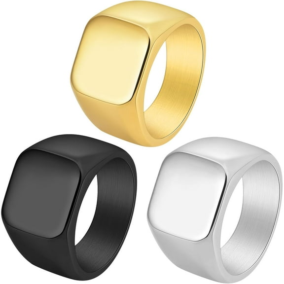 3 Pack Men's Stainless Steel Square Signet Rings (Black/Silver/Gold) - Hypoallergenic Biker Jewelry Gift Set for Dad, Husband & Bikers, Comfort Fit Size 6-13