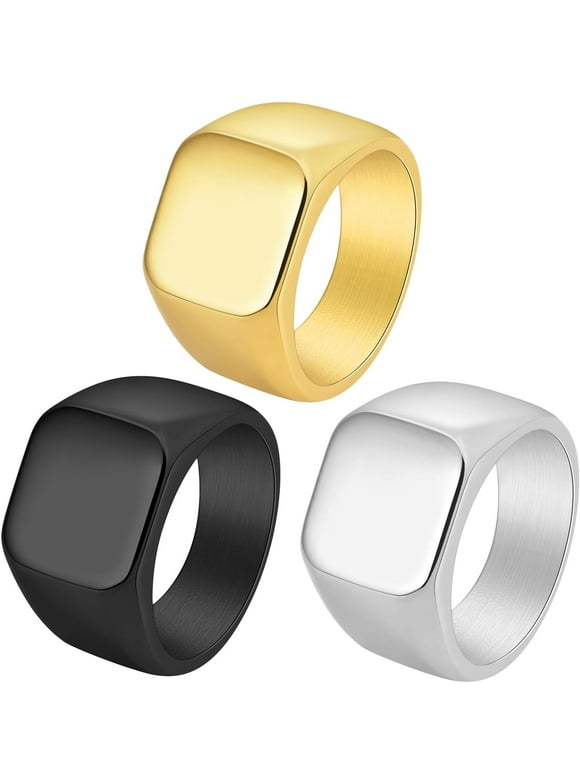 3 Pack Men's Stainless Steel Square Signet Rings (Black/Silver/Gold) - Hypoallergenic Biker Jewelry Gift Set for Dad, Husband & Bikers, Comfort Fit Size 6-13