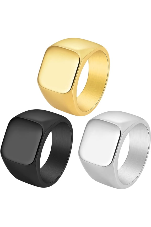 3 Pack Men's Stainless Steel Square Signet Rings (Black/Silver/Gold) - Hypoallergenic Biker Jewelry Gift Set for Dad, Husband & Bikers, Comfort Fit Size 6-13