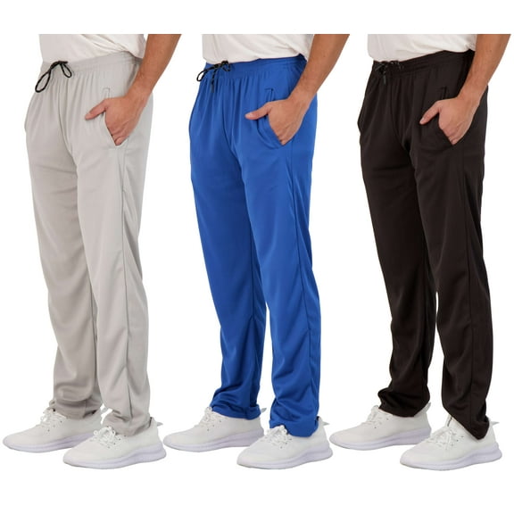 Real Essentials 3 Pack: Men's Mesh Athletic Gym Workout Lounge Open Bottom Sweatpants with Pockets (Available In Big & Tall)