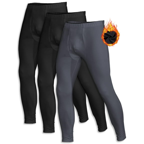 3 Pack Men's Thermal Underwear Bottom Fleece Lined Pant Long Johns Leggings for Men Base Layer for Cold Weather Black-Black-Grey XL