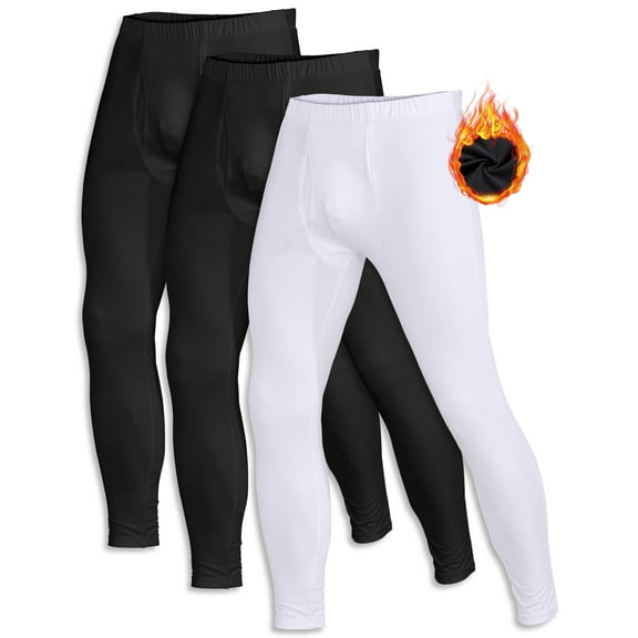 3 Pack Men's Thermal Underwear Bottom Fleece Lined Pant Long Johns Leggings for Men Base Layer for Cold Weather Black-Black-White S