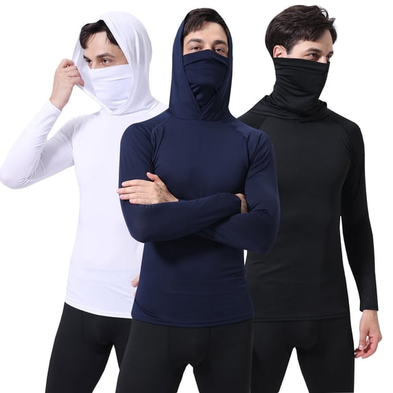 3 Pack Men's UPF 50+ Sun Protection Hoodie, Long Sleeve Moisture Wicking Fishing Shirt with Face Mask