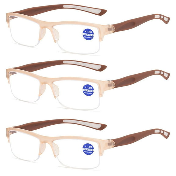 3 Pack Mens Half Rimless Sport Reading Glasses +2.5, Brown Plastic Readers 2.5