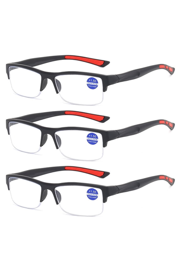3 Pack Mens Half Rimless Sport Reading Glasses +3.0, Black Plastic Readers 3.0