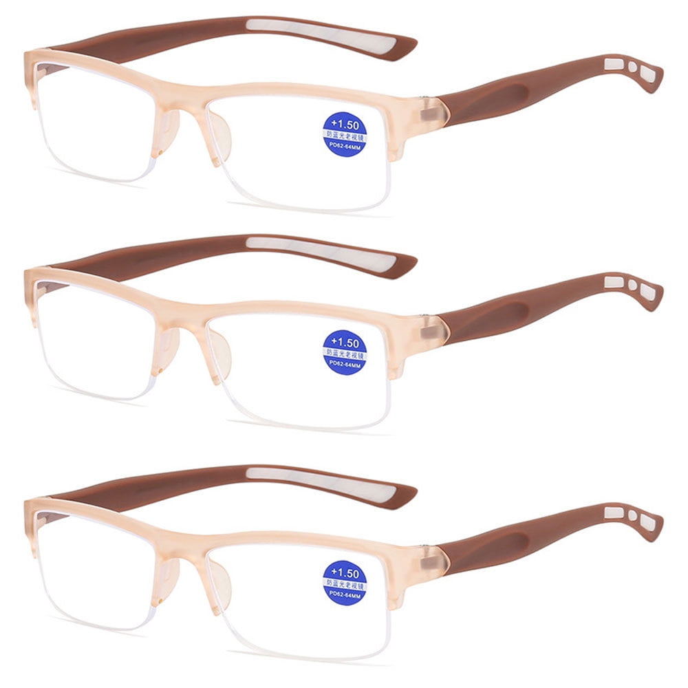 3 Pack Mens Half Rimless Sport Reading Glasses +3.0, Brown Plastic Readers 3.0