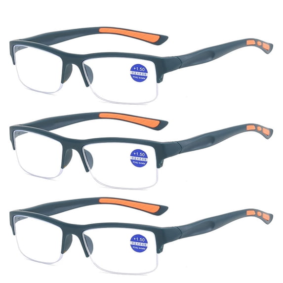 3 Pack Mens Half Rimless Sport Reading Glasses +4.0, Blue Plastic Readers 4.0