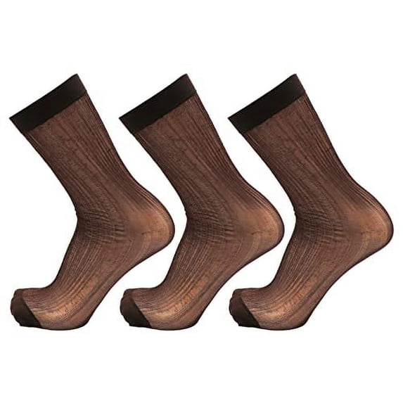 3-Pack Mens Mid Calf Sheer Silk Nylon Dress Socks (Brown (Style 2))