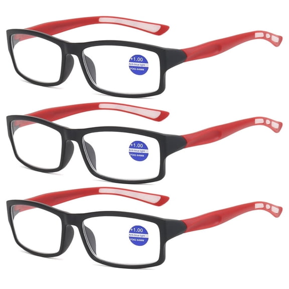 3 Pack Mens Rimmed Sport Reading Glasses +1.0, Womens Blue Light Blocking Plastic Black Frame Red Temple Readers 1.0