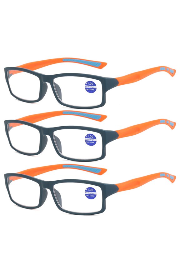 3 Pack Mens Rimmed Sport Reading Glasses +1.5, Womens Blue Light Blocking Plastic Black Frame Orange Temple Readers 1.5