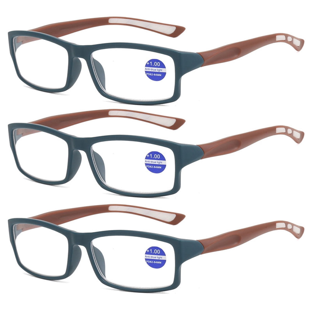 3 Pack Mens Rimmed Sport Reading Glasses +3.0, Womens Blue Light Blocking Plastic Dark Blue Frame Brown Temple Readers 3.0