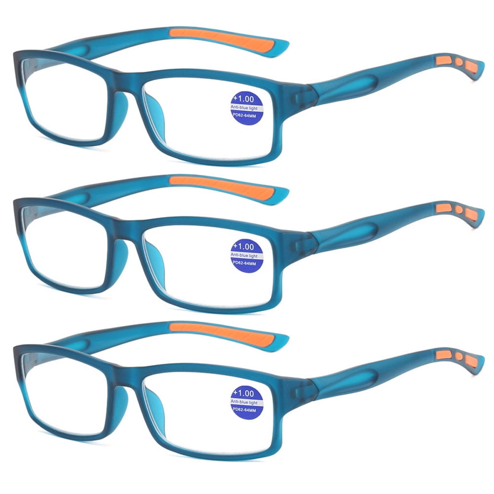 3 Pack Mens Rimmed Sport Reading Glasses +4.0, Womens Blue Light Blocking Plastic Blue Frame Readers 4.0
