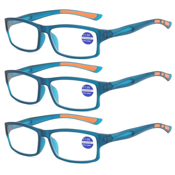 3 Pack Mens Rimmed Sport Reading Glasses +4.0, Womens Blue Light Blocking Plastic Blue Frame Readers 4.0