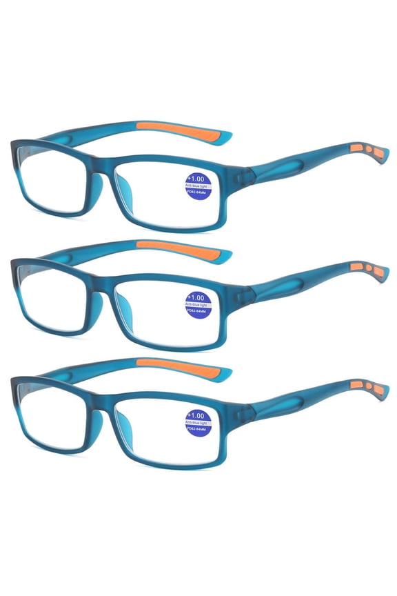 3 Pack Mens Rimmed Sport Reading Glasses +4.0, Womens Blue Light Blocking Plastic Blue Frame Readers 4.0