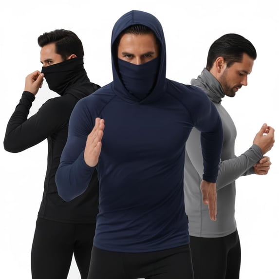 3 Pack Mens Sun Protection Fishing Hoodie with Face Mask UPF 50+ Long Sleeve Compression Work Shirt Quick Dry, Green, White, Large