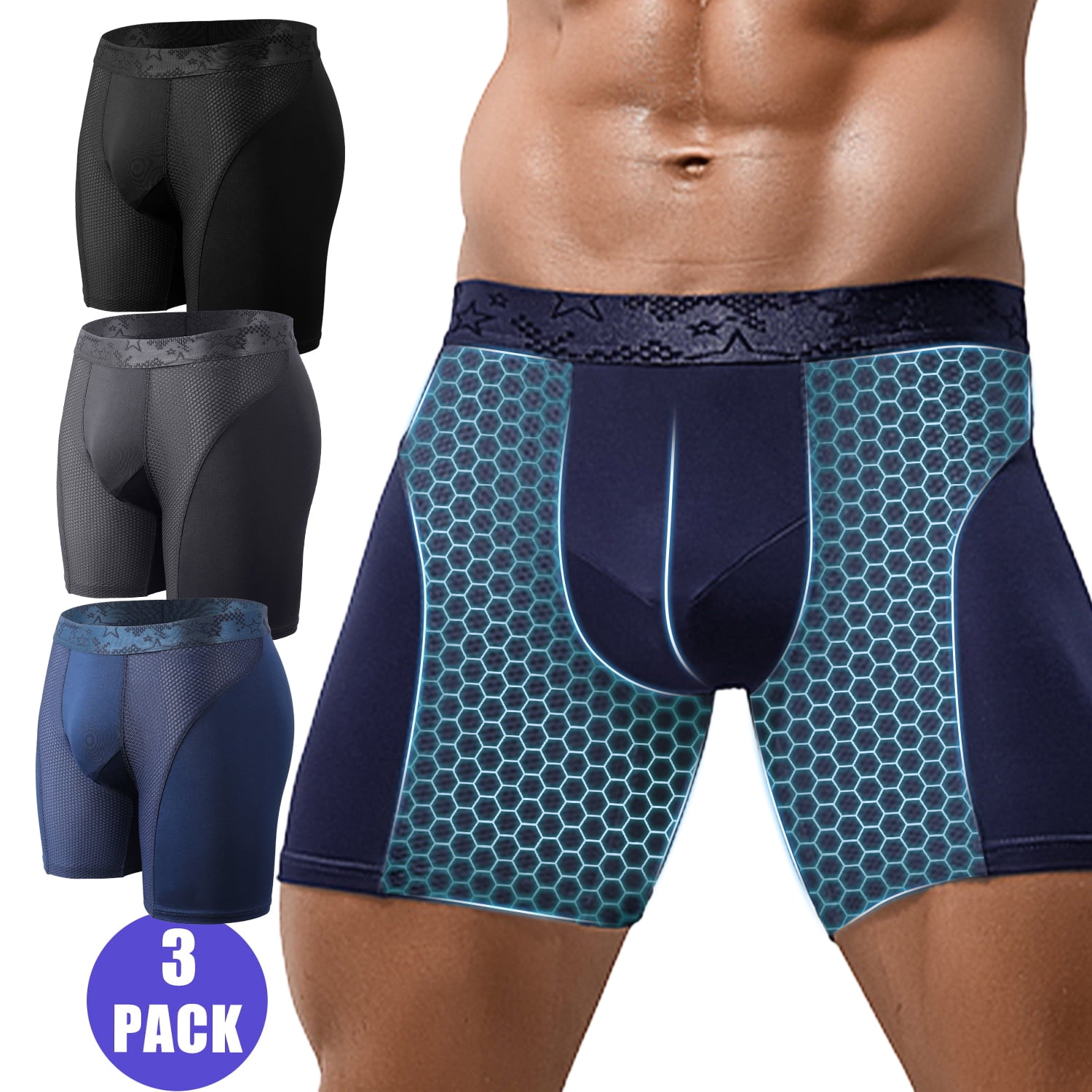 3 Pack Mens Underwear Ultra Breathable Eyelet Boxer Briefs with Built