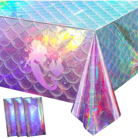 3 Pack Mermaid Iridescent Laser Tablecloth, 54 x 108 Inch Holographic Disposable Plastic Table Cover for Girls Birthday Party, Wedding, Disco Party, Holiday and Ocean Theme Decorations