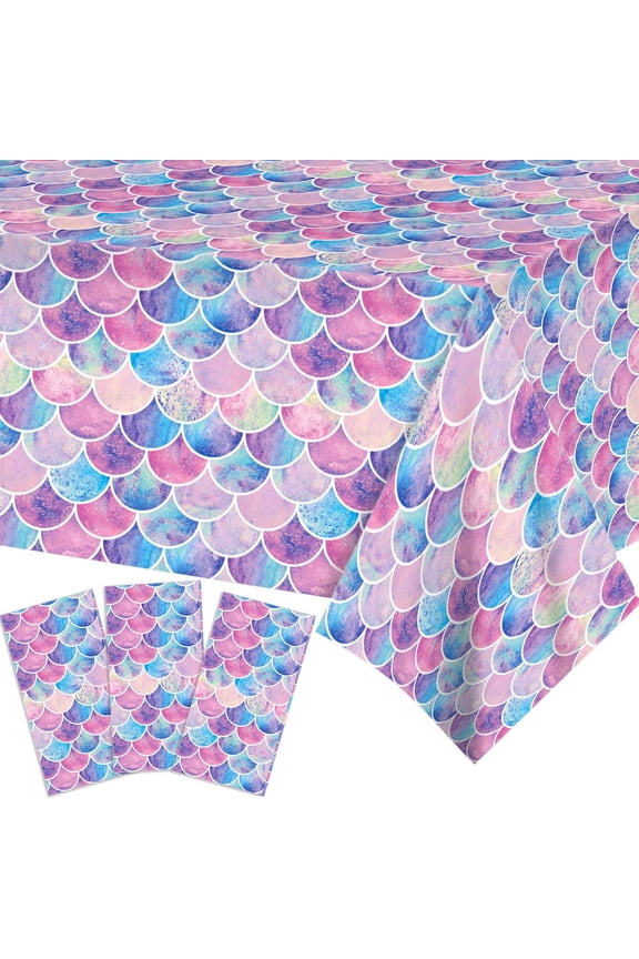 3 Pack Mermaid Scales Tablecloth 87x51 in, Mermaid Party Plastic Table Cover for Birthday Baby Shower Under The Sea Party Decor