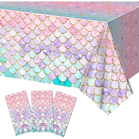 3 Pack Mermaid Tablecloth, 54 x 108 Inch Disposable Plastic Table Cover for Under The Sea Birthday Party, Ocean Theme Party, Baby Shower and Summer Decorations