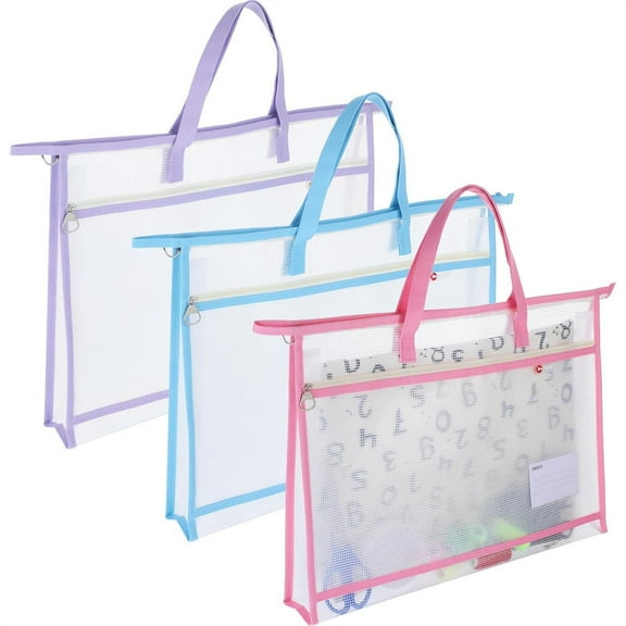3 Pack Mesh Sewing Bag,Quilting Project Bag,Craft Storage Bag with Handles,Waterproof Zipper Pouches,File Carrying Organizers,A3 Clear Mesh Design,for School Office Artwork Embroidery