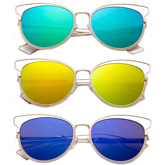 3 Pack Metal AViator Frame with EyeBow Fashion Sunglasses for Women, Flashi Mirror Lens , Green, Orange & Blue