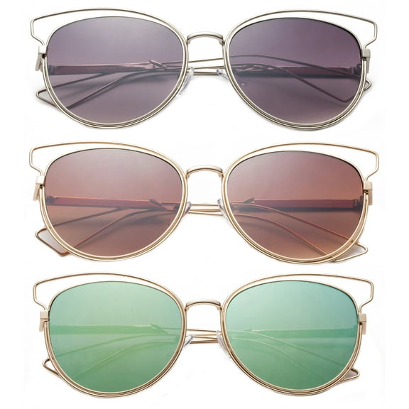 3 Pack Metal AViator Frame with EyeBow Fashion Sunglasses for Women, Flashi Mirror Lens , Smoke, Brown & Yellew Mirror