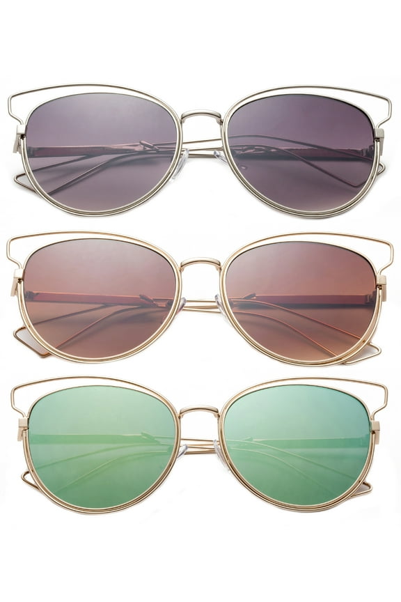 3 Pack Metal AViator Frame with EyeBow Fashion Sunglasses for Women, Flashi Mirror Lens , Smoke, Brown & Yellew Mirror