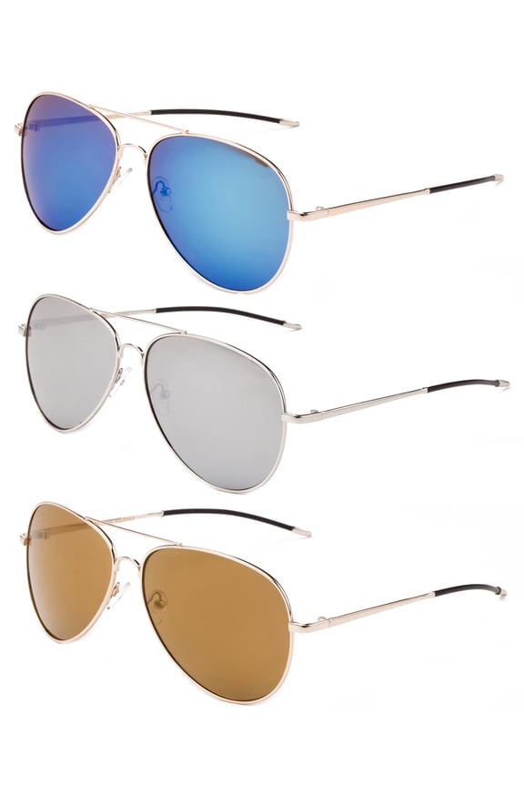 3 Pack Metal Big Rim Aviator Sunglasses for Men for Women, Flash Mirror Lens UV400, Slim Rubber Tips, Blue, Mirror & Brown
