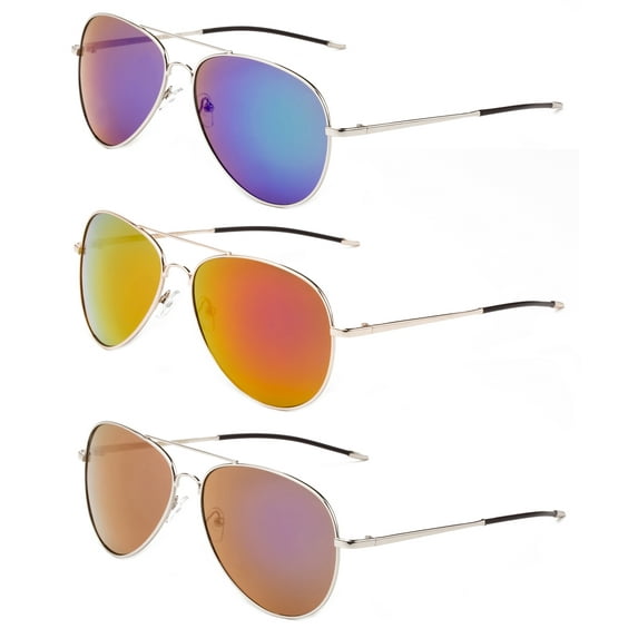 3 Pack Metal Big Rim Aviator Sunglasses for Men for Women, Flash Mirror Lens UV400, Slim Rubber Tips,Orange, Green & Purple