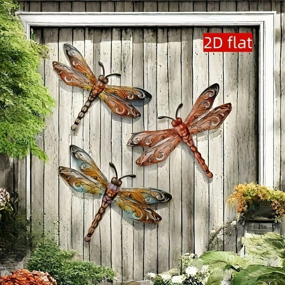 3-Pack Metal Dragonfly Wall Art - 13.78" Flat Outdoor Decor | Indoor/Outdoor Garden Sculptures | Unique Gift for Home & Patio