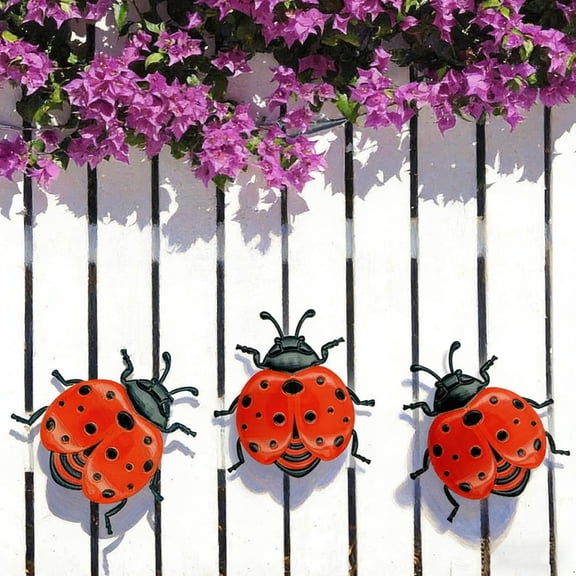 3 Pack Metal Garden Yard Art Decorative Ladybugs Outside Sculptures,Cute Ladybugs Yard Art Lawn Ornaments Wall Sculptures & Statues Outdoor Fence Decorations for Patio Backyard