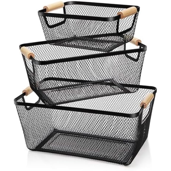 3 Pack Metal Mesh Basket with Wooden Handle, Farmhouse Wire Steel Storage Bins, Rectangle Fruit Vegetable Organizer Containers for Home Cabinet Pantry Kitchen Decor, Snack Gift (Black, 3 Size)
