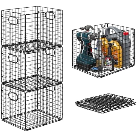 3-Pack Metal Milk Crate for Storage, Large 40qt Stackable Collapsible Storage Bins with Handle, Heavy Duty Storage Baskets for Shelves, Folding Basket Organizer for Car, Garage, Home, Camping, Office