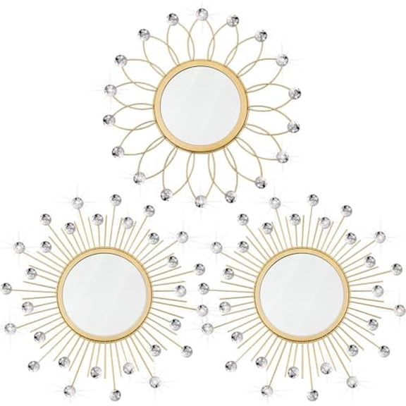 3 Pack Metal Mirrors for Wall Sunburst Wall Mirrors Home Décor Decorative Hanging Wall Art for Living Room Bedroom Entryway (Gold Crystal, Flower+Sunburst)