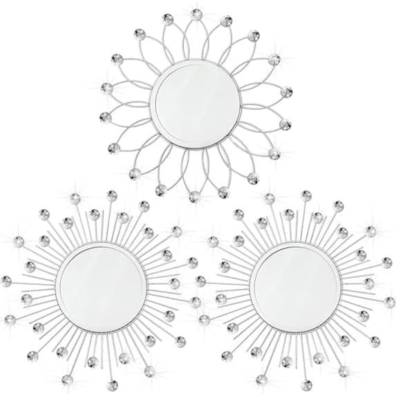 3 Pack Metal Mirrors for Wall Sunburst Wall Mirrors Home Décor Decorative Hanging Wall Art for Living Room Bedroom Entryway (Silver Crystal, Flower+Sunburst)