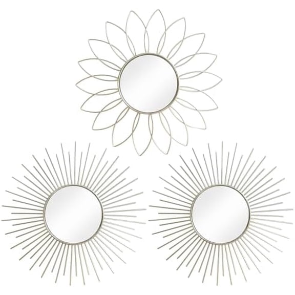 3 Pack Metal Mirrors for Wall Sunburst Wall Mirrors Home Décor Decorative Hanging Wall Art for Living Room Bedroom Entryway (Silver2, Flower+Sunburst)