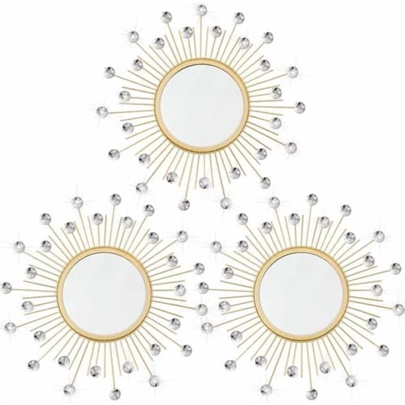 3 Pack Metal Mirrors for Wall Sunburst Wall Mirrors Home Décor Decorative Hanging Wall Art for Living Room Bedroom Entryway (Gold Crystal, Sunburst)