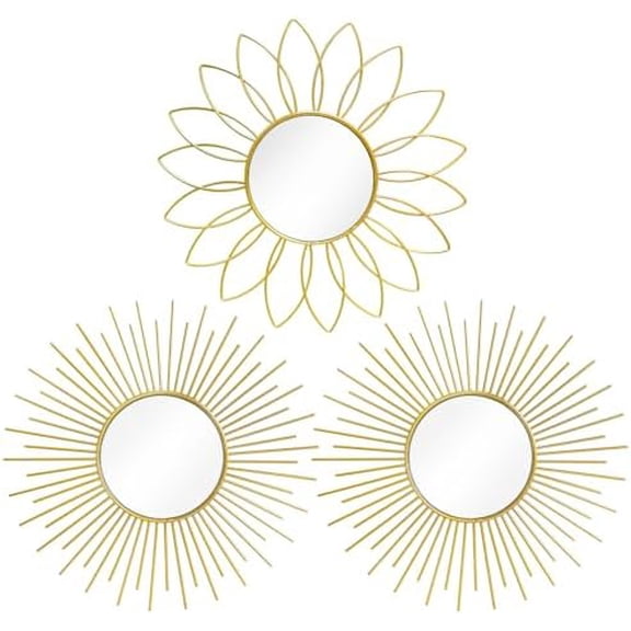 3 Pack Metal Mirrors for Wall Sunburst Wall Mirrors Home Décor Decorative Hanging Wall Art for Living Room Bedroom Entryway (Gold2, Flower+Sunburst)