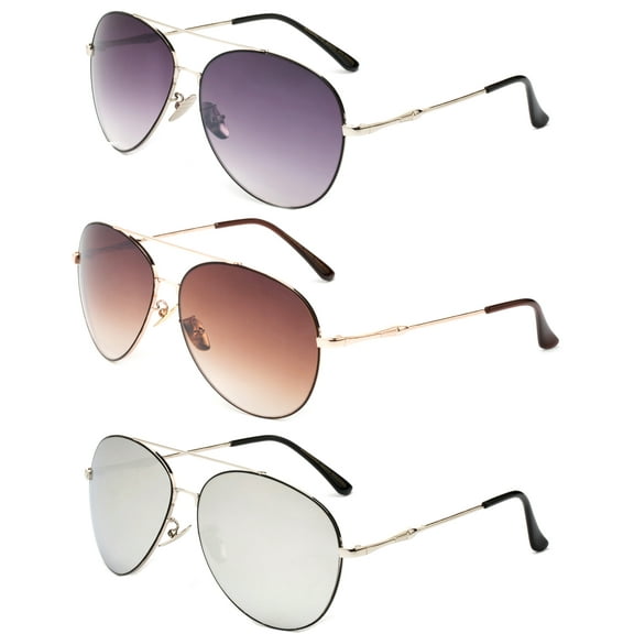 3 Pack Metal Nose pad Aviator Sunglasses for Men for Women, Black, Brown & Silver