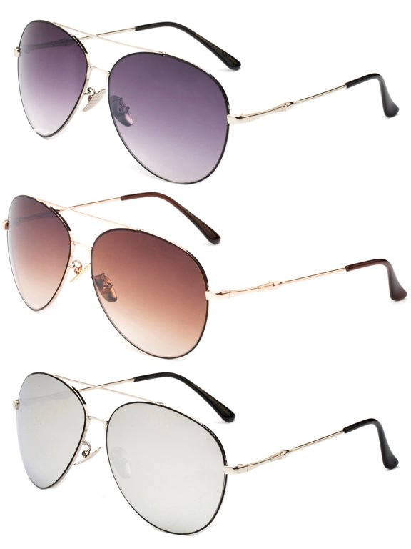3 Pack Metal Nose pad Aviator Sunglasses for Men for Women, Black, Brown & Silver