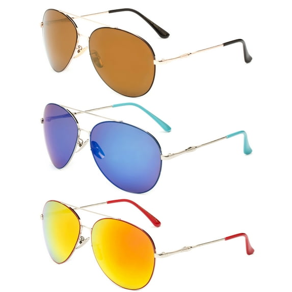 3 Pack Metal Nose pad Aviator Sunglasses for Men for Women, Red, Blue & Dark Brown