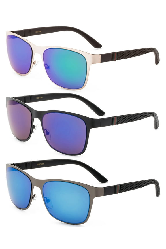 3 Pack Metal One Piece Rectangular Frame Fashion Sunglasses for Men for Women, Flash Mirror