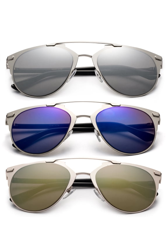 3 Pack Metal Oval Frame Dual Bridge Fashion Sunglasses for Men for Women, Flash Mirror