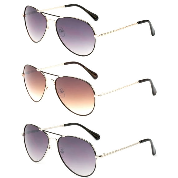 3 Pack Metal Piant Frame Aviator Sunglasses for Men for Women, Gold Smoke, Brown & Silver