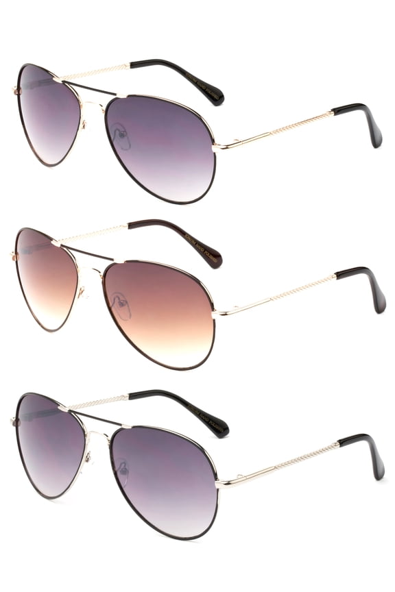 3 Pack Metal Piant Frame Aviator Sunglasses for Men for Women, Gold Smoke, Brown & Silver