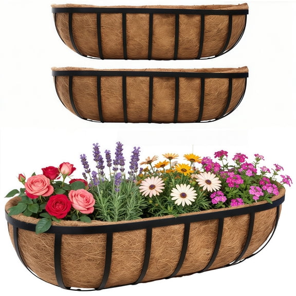 3-Pack Metal Planters, 24" Hanging Window Boxes with Coco Liners for Rail Garden, Patio, or Porch Decor