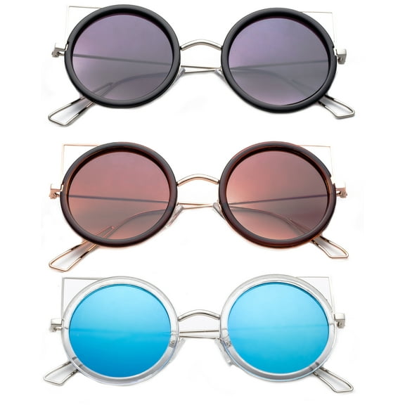 3 Pack Metal Plastic Dual Round Rims Cat Ear Fashion Sunglasses for Women, Flat Lens , Black, Brown & Blue