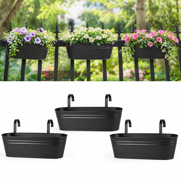 3 Pack Metal Railing Planter Boxes with Detachable Hooks, Outdoor Hanging Rectangular Plant Troughs for Balcony, Fence & Desktop Decor