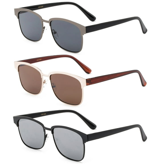 3 Pack Metal Rectangular Frame Fashion Sunglasses for Men for Women, Flash Mirror, Flat Lens
