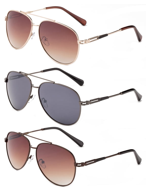 3 Pack Metal Rim Aviator Classic Sunglasses for Men for Women, Gunmetal, Brown & Dark Brown